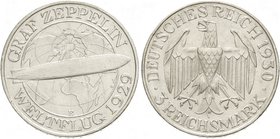 Gedenkmünzen
3 Reichsmark Zeppelin
1930 E. fast Stempelglanz, kl. Randfehler