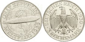Gedenkmünzen
3 Reichsmark Zeppelin
1930 G. vorzüglich/Stempelglanz