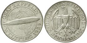 Gedenkmünzen
5 Reichsmark Zeppelin
1930 A. vorzüglich, kl. Randfehler