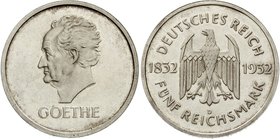 Gedenkmünzen
5 Reichsmark Goethe
1932 D. Polierte Platte, kl. Kratzer und min. berieben