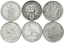 Lots
6 Gedenkmünzen zu 3 Reichsmark: Rheinlande 1925 A, Bremerhaven 1927 (leichte Hitzespuren), Nordhausen 1927, Lessing 1929 A, Rheinstrom 1930 A, M...