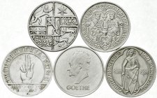 Lots
5 Stück: 3 Reichsmark Marburg, Nordhausen, Naumburg, Schwurhand 1929 F (fast St), Goethe 1932 D. meist sehr schön bis vorzüglich