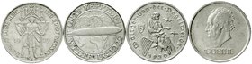Lots
4 Gedenkmünzen: 3 RM Goethe A, Vogelweide E, Zeppelin D und Meissen E. sehr schön bis vorzüglich