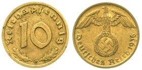 Klein/- und Kursmünzen
10 Reichspfennig Hakenkr., messingf. 1936-1939
1936 G. sehr schön, selten