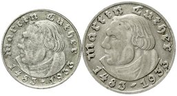Gedenkmünzen
5 Reichsmark Luther, 1933-1934
2 Stück: 2 Reichsmark 1933 A und 5 Reichsmark 1933 G. beide sehr schön