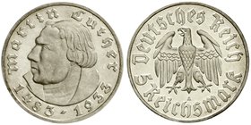 Gedenkmünzen
5 Reichsmark Luther, 1933-1934
1933 A. Geringe Auflage. Polierte Platte, nur leicht berührt
