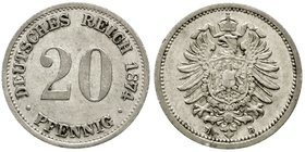 Kaiserreich
Reichskleinmünzen
20 Pfennig 1874 B mit versetztem Doppelschlag der Rs. gutes sehr schön, selten