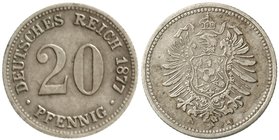 Kaiserreich
Reichskleinmünzen
Zeitgen. Fälschung oder Probe eines 20 Pf. 1877 A in Cu/Ni. 1,02 g. sehr schön