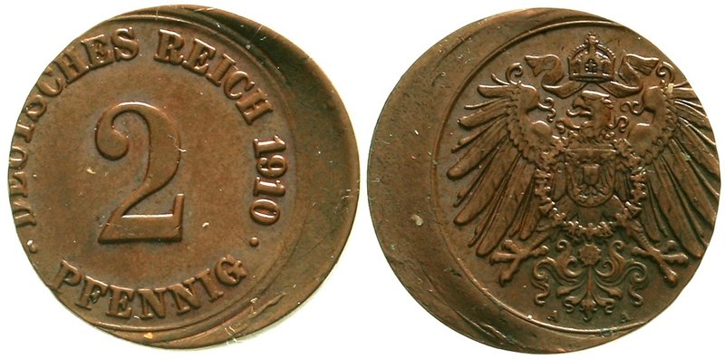 Kaiserreich
Reichskleinmünzen
2 Pfennig 1910 A. ca. 25 % dezentriert vorzüglic...
