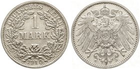 Kaiserreich
Reichskleinmünzen
1 Mark Silber 1910 ohne Mzz. 5,56 g. Vs. Stempelglanz/Rs. Polierte Platte, sehr selten