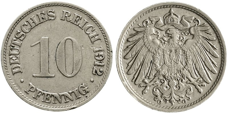 Kaiserreich
Reichskleinmünzen
10 Pfennig 1912 G. Stempeldrehung ca. 280 Grad (...