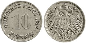 Kaiserreich
Reichskleinmünzen
10 Pfennig 1912 G. Stempeldrehung ca. 280 Grad (liegender Adler). sehr schön, kl. Randfehler und Kratzer