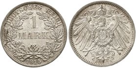Kaiserreich
Reichskleinmünzen
1 Mark 1915 A. geprägt mit defektem Stempel, links starker Stempelbruch. Stempelglanz
