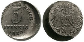 Kaiserreich
Reichskleinmünzen
5 Pfennig Eisen 1920 D. ca. 30% dezentriert. vorzüglich/Stempelglanz