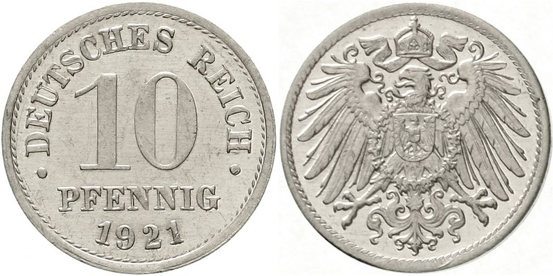 Kaiserreich
Reichskleinmünzen
Probe 10 Pfennig 1921 ohne Münzzeichen. Zink, al...