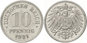 Kaiserreich
Reichskleinmünzen
Probe 10 Pfennig 1921 ohne Münzzeichen. Zink, aluminiumplattiert. Glatter Rand. 2,58 g. vorzüglich/Stempelglanz, kl. K...