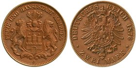 Kaiserreich
Hamburg
2 Mark Kupfer 1876 J, wie J. 61. 9,67 g. vorzüglich/Stempelglanz, schöne schokoladenbraune Patina, sehr selten