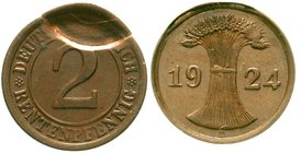 Weimarer Republik
2 Rentenpfennig 1924 A, mit starkem Teil-Doppelschlag im oberen Feld. vorzüglich/Stempelglanz