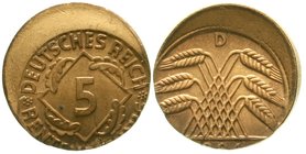 Weimarer Republik
5 Rentenpfennig 1924 D, ca. 25 % dezentriert geprägt. fast Stempelglanz