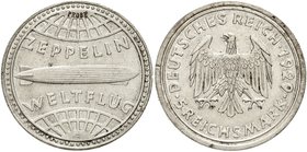 Weimarer Republik
5 Reichsmark Zeppelin Silber 1929 A. Zeppelin nach rechts im Sternenkreis, unten kleines A, oben eingepunzt "PROBE"/ Adler n.l. im ...