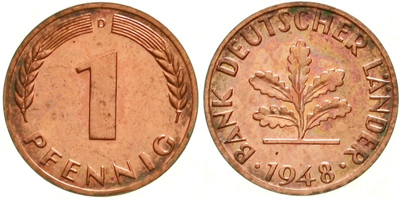 Kursmünzen
1 Pfennig, Eisen, Kupfer platt, 1948-2001
1948 D. Polierte Platte, ...