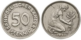 Kursmünzen
50 Pfennig, Kupfer/Nickel 1949-2001
1950 G. Bank Deutscher Länder. sehr schön