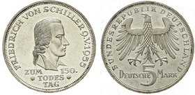 Gedenkmünzen
5 Deutsche Mark, Silber, 1952-1979
Schiller 1955 F. vorzüglich, kl. Randfehler