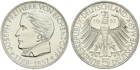 Gedenkmünzen
5 Deutsche Mark, Silber, 1952-1979
Eichendorff 1957 J. fast Stempelglanz, Prachtexemplar