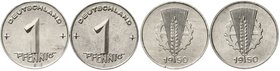 Kursmünzen
Ähre und Zahnrad, Alu, 1948-1950
2 X 1950 E. beide fast Stempelglanz