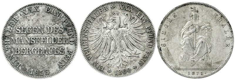 Deutsche Münzen bis 1871
3 Stück: Preussen Siegestaler 1871, Ausbeute 1858, Fra...