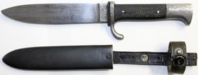 Blankwaffen
Deutschland
Drittes Reich: HJ-Fahrtenmesser in Scheide mit Koppelschuh. Mit Emblem der 2. SS-Verfügungsdivision "Reich" . Länge 25,5 cm....