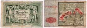 Die deutschen Banknoten ab 1871 nach Rosenberg
Deutsches Reich, 1871-1945
20 Mark 10.1.1882. Knicke leicht hinterlegt (optisch III). IV, sehr selten