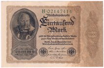 Die deutschen Banknoten ab 1871 nach Rosenberg
Deutsches Reich, 1871-1945
1000 Mark 15.12.1922 ohne Bogen-Wz. Serie H. I-