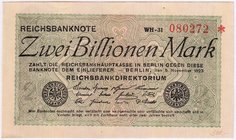 Die deutschen Banknoten ab 1871 nach Rosenberg
Deutsches Reich, 1871-1945
2 Billionen Mark 5.11.1923 Wasserzeichen Ringe, Serie WH, KN 6-stellig mit...