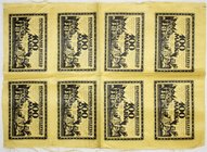 Deutsches Notgeld und KGL
Bielefeld
Druckbogen mit 8 X 100 Mark 15.7.1921 Seide gelb, 'Französischer Vertragsbruch...'.. Bewertung der Einzelscheine...