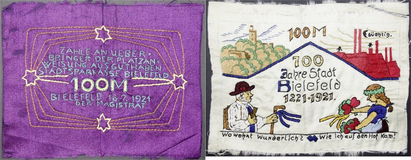 Deutsches Notgeld und KGL
Bielefeld
100 Mark 15.7.1921. Seide gestickt. Vs: Wo...