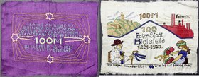 Deutsches Notgeld und KGL
Bielefeld
100 Mark 15.7.1921. Seide gestickt. Vs: Wo wohnt Wunderlich? Wie ich auf den Hof kam./Rs: Zahle an den Überbring...