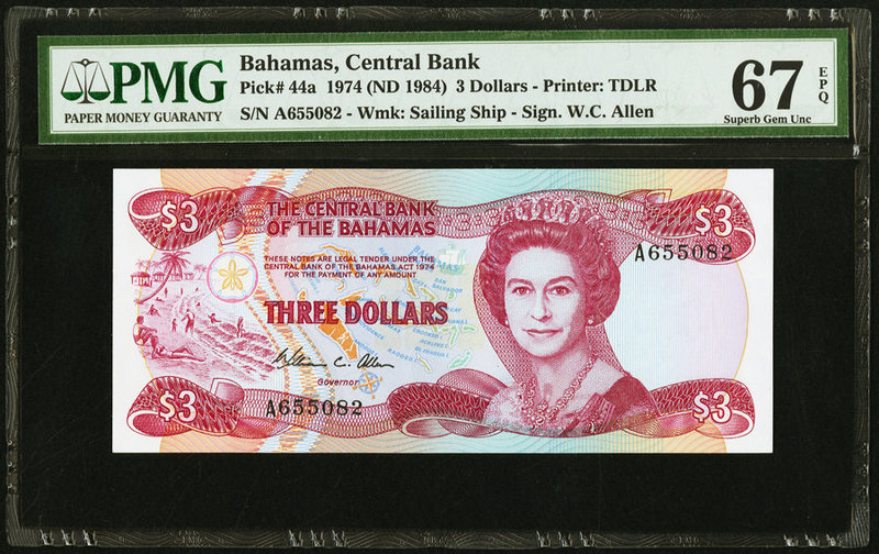 Bahamas Central Bank 3 Dollars 1974 (ND 1984) Pick 44a PMG Superb Gem Unc 67 EPQ...