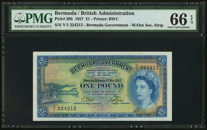 Bermuda Bermuda Government 1 Pound 1.5.1957 Pick 20b PMG Gem Uncirculated 66 EPQ...