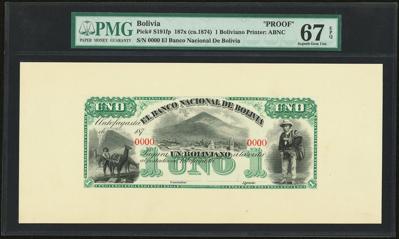 Bolivia Banco Nacional de Bolivia 1 Boliviano 187x (ca. 1874) Pick S191fp Front ...