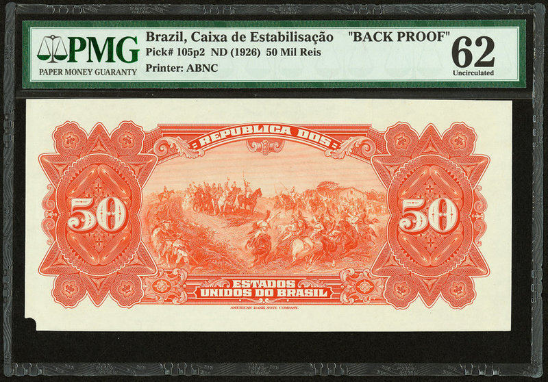 Brazil Caixa de Estabilizacao 50 Mil Reis ND (1926) Pick 105p2 Back Proof PMG Un...