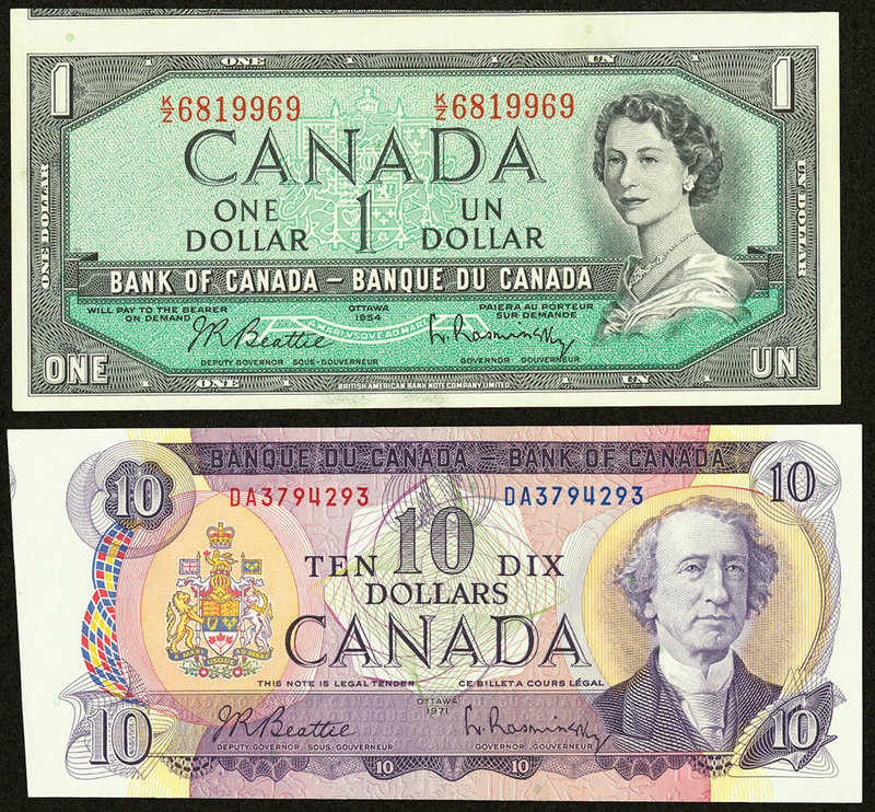Cut Off Size Error Pair Canada Bank of Canada $1; $10 1954; 1971 BC-37b-i; BC-49...