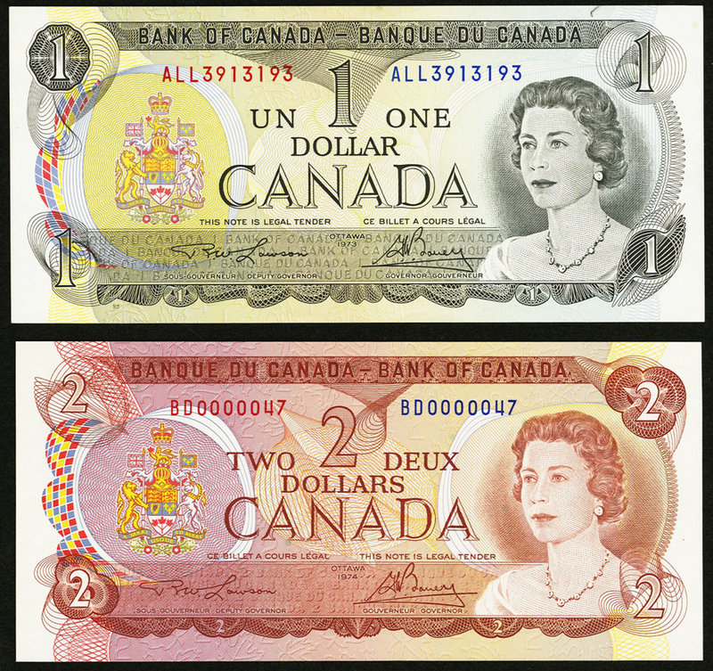Fancy and Low Serial Number Pair Canada Bank of Canada $1; $2 1973; 1974 BC-46a-...
