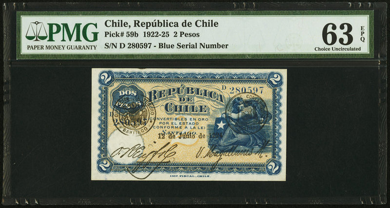 Chile Republica de Chile 2 Pesos 12.6.1924 Pick 59b PMG Choice Uncirculated 63 E...