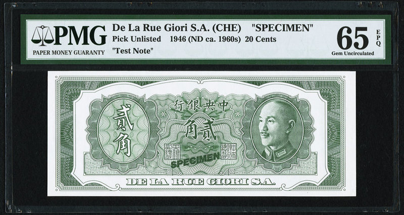 China De La Rue Giori S.A. (CHE) 20 Cents 1946 (ND ca. 1960s) Pick UNL Specimen ...