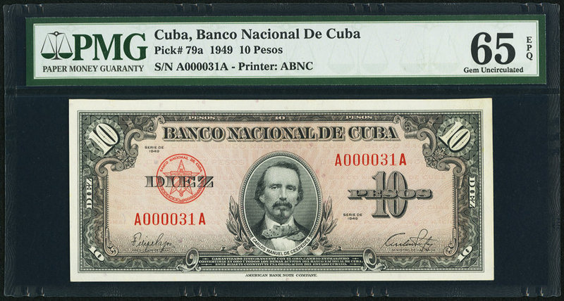 Low Serial Number 31 Cuba Banco Nacional de Cuba 10 Pesos 1949 Pick 79a PMG Gem ...