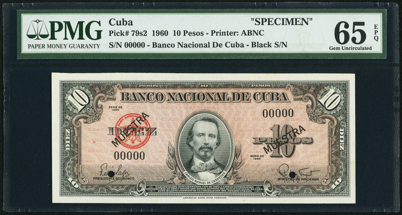 Cuba Banco Nacional de Cuba 10 Pesos 1960 Pick 79s2 Specimen PMG Gem Uncirculate...