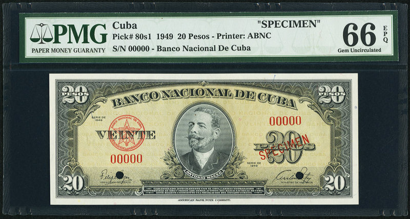 Cuba Banco Nacional de Cuba 20 Pesos 1949 Pick 80s1 Specimen PMG Gem Uncirculate...