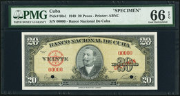 Cuba Banco Nacional de Cuba 20 Pesos 1949 Pick 80s1 Specimen PMG Gem Uncirculated 66 EPQ. Two POCs.

HID09801242017