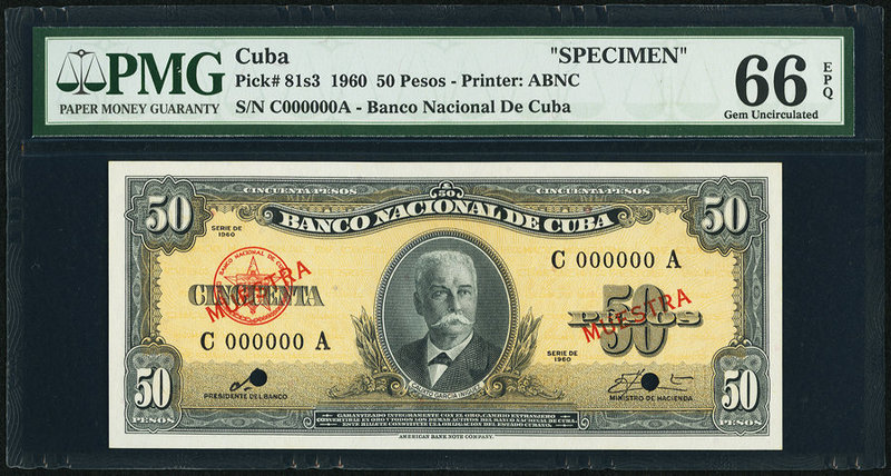 Cuba Banco Nacional de Cuba 50 Pesos 1960 Pick 81s3 Specimen PMG Gem Uncirculate...
